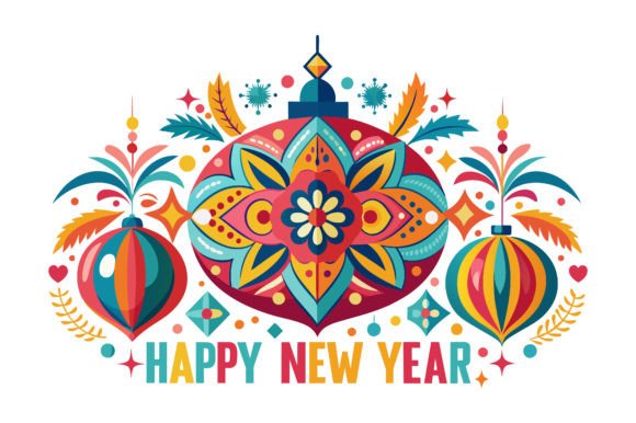 Colorful Ornament Design Happy New Year
